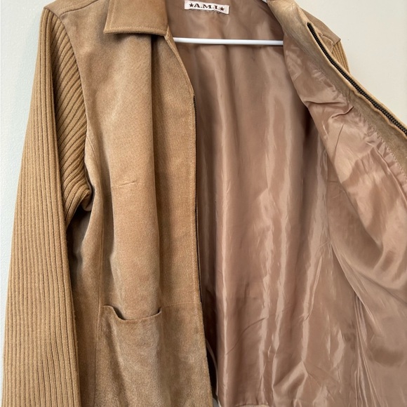 Vintage AMI Preppy Suede Leather Tan Zip Up Jacket Cotton sleeves Large - XL - Picture 8 of 12